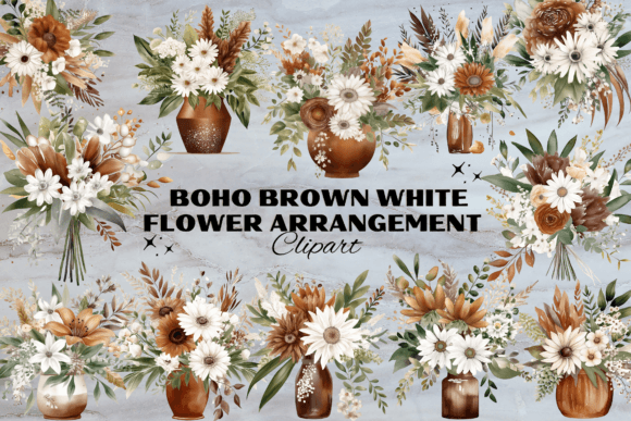 Boho Flower Arrangement: Brown White Clipart Collection