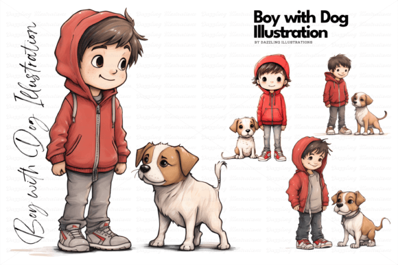 Boy with Dog Illustration: A Cartoon Clipart Set for Heartfelt Designs