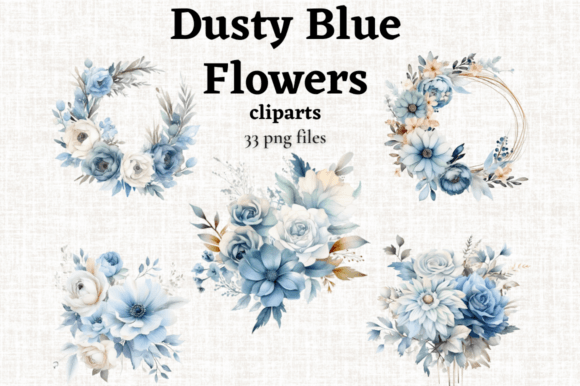 Elevate Designs with Dusty Blue Flowers Clipart Set 33 PNGs