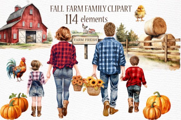 Farm Family Clipart Autumn Family Png: Hand-Painted Watercolor Charm