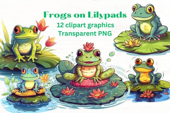 HAPPY FROGS on Lilypads Clipart Set: A Whimsical Design Asset