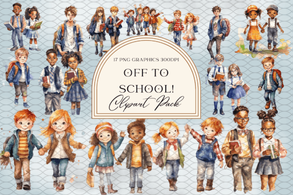 Off to School Friends Walking to School: Watercolor Graphics for Heartfelt Design