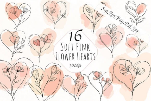 Soft Pink Line Art Flower Hearts for Creative Projects