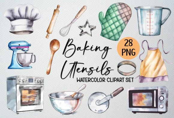 Watercolor Baking Utensils: 28 Hand-Painted PNGs