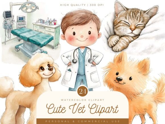 Watercolor Cute Vet Clipart Bundle: Designing with Heart