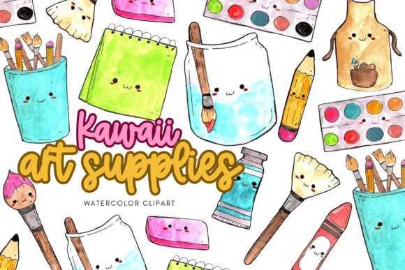 Watercolor Kawaii Art Supplies Clipart for Creative Projects