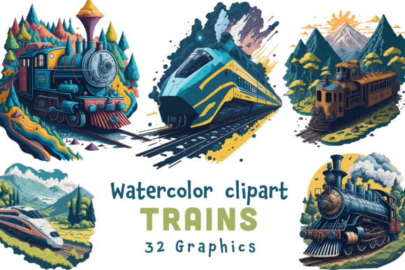 Watercolor Trains and Locomotive Clipart: A Creative Design Bundle