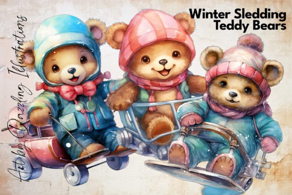 Watercolor Winter Teddy Bears Sledding: A Whimsical Design Asset