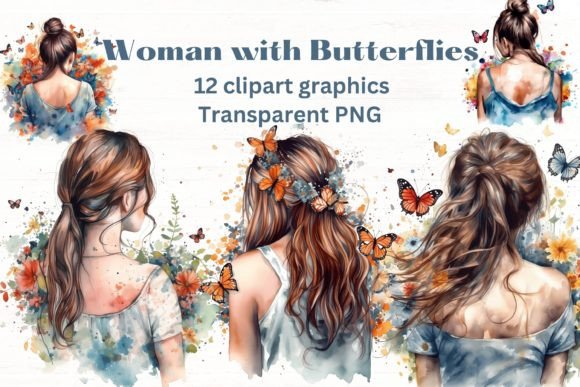 Woman and Butterflies Girl Clipart: Whimsical Watercolor Designs
